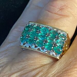 925 Sterling Silver Genuine Emerald Cluster Wide Band Ring Two Tone Sz 8 (7.9g)